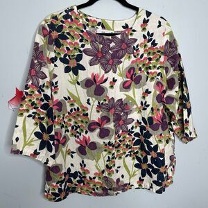 Hot Cotton Floral Print 3/4 Sleeve 100% Linen Top Plus Size 1X